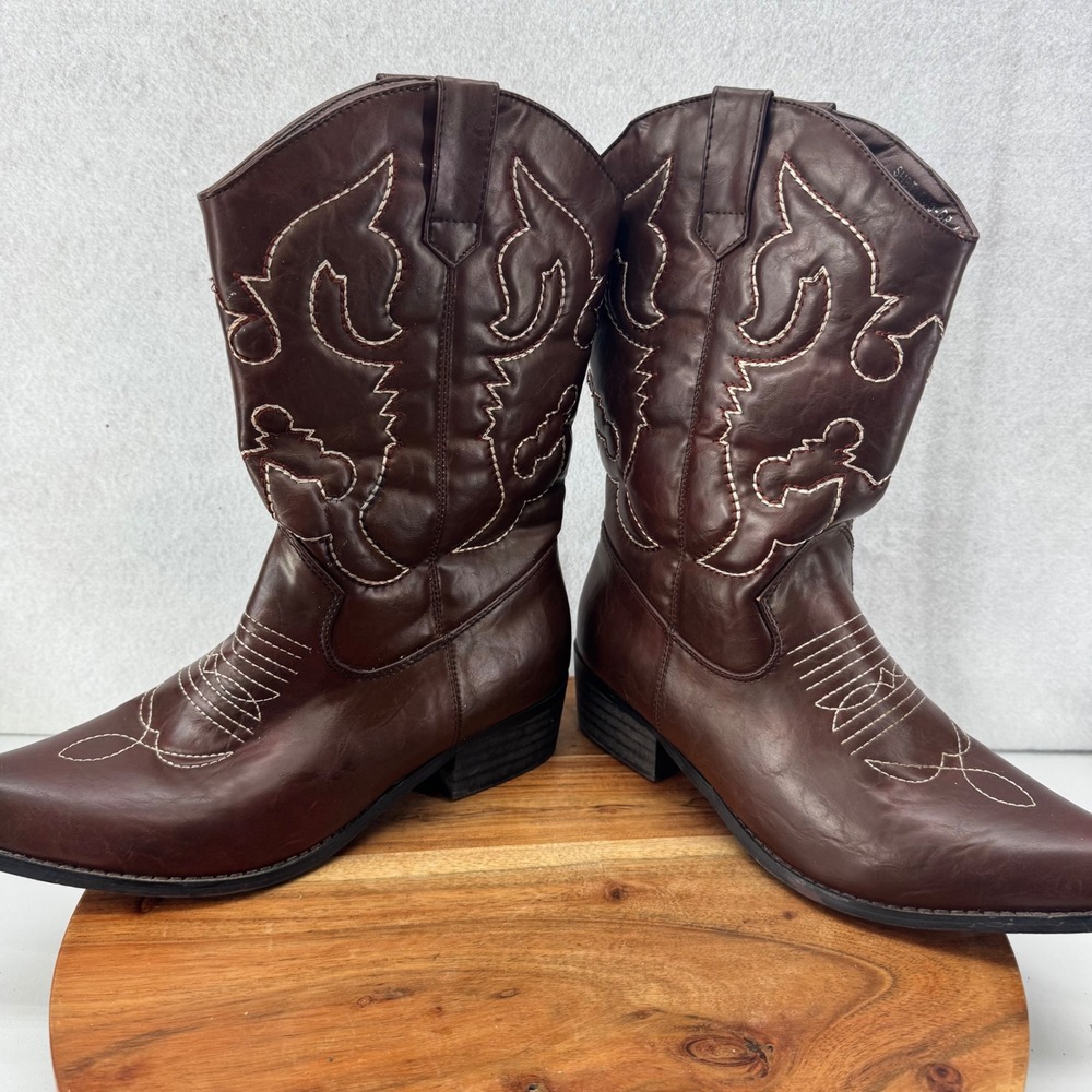 SheSole Brown Faux Leather Western Cowboy Boots‎ Stitch Detail Size 41 US 10.5 - Picture 8 of 10